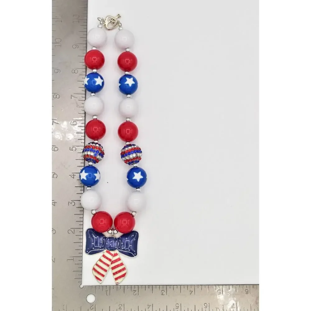 Statement Necklace American Flag Star Red White Blue Beaded 4th July USA BinA17